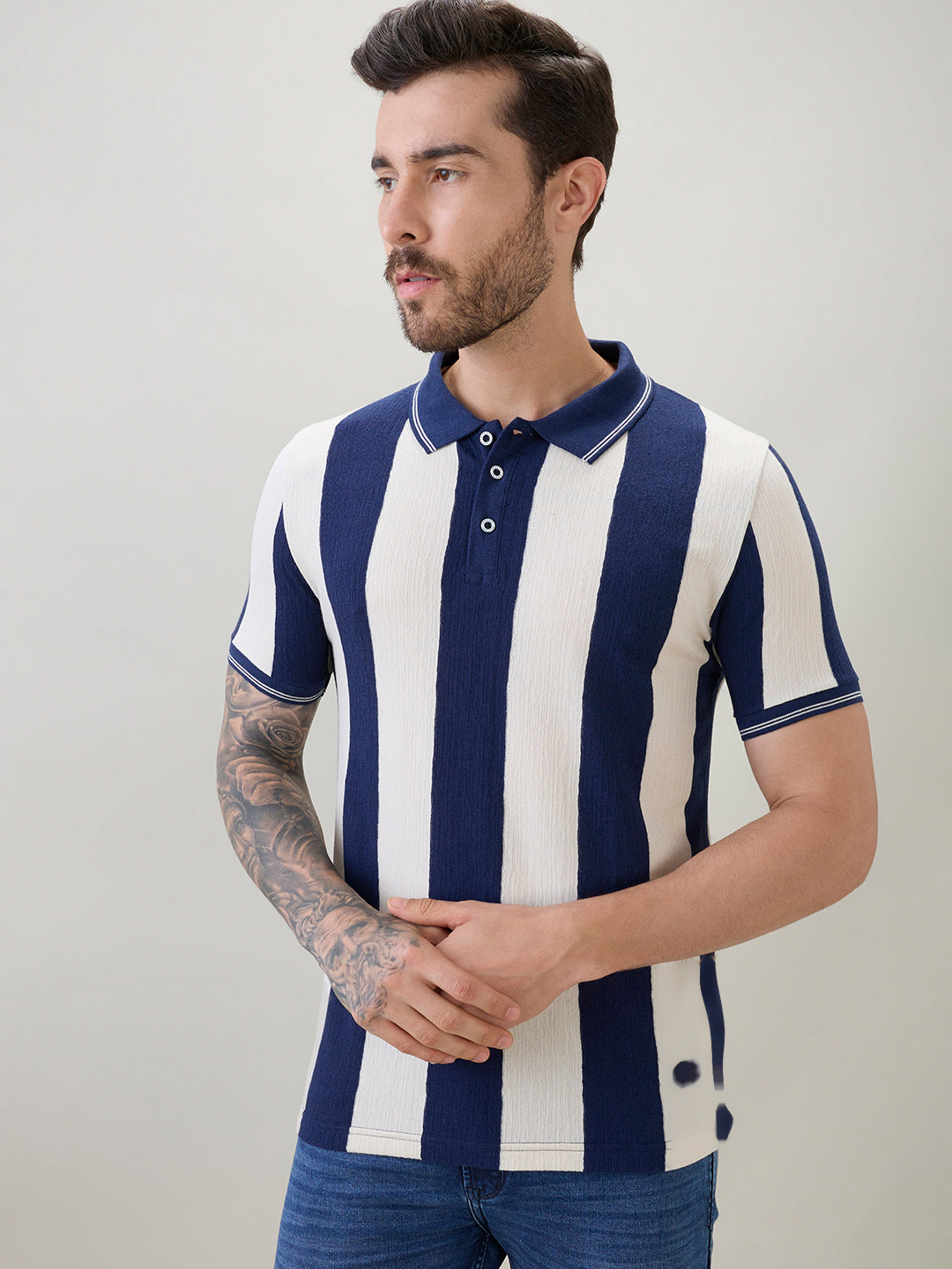 Men's Striped Regular Fit Polo T-Shirt with Tipping Detail and Half Sleeves