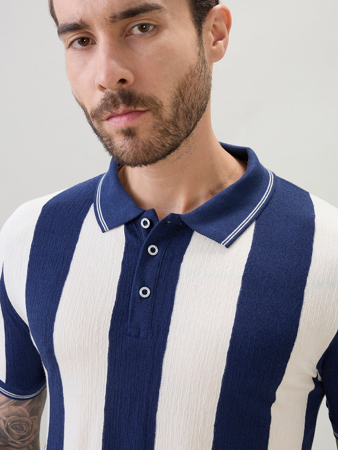 Men's Striped Regular Fit Polo T-Shirt with Tipping Detail and Half Sleeves