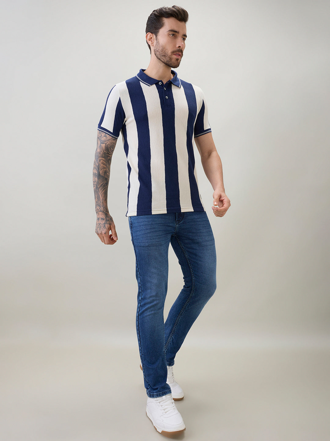 Men's Striped Regular Fit Polo T-Shirt with Tipping Detail and Half Sleeves