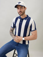 Men's Striped Regular Fit Polo T-Shirt with Tipping Detail and Half Sleeves