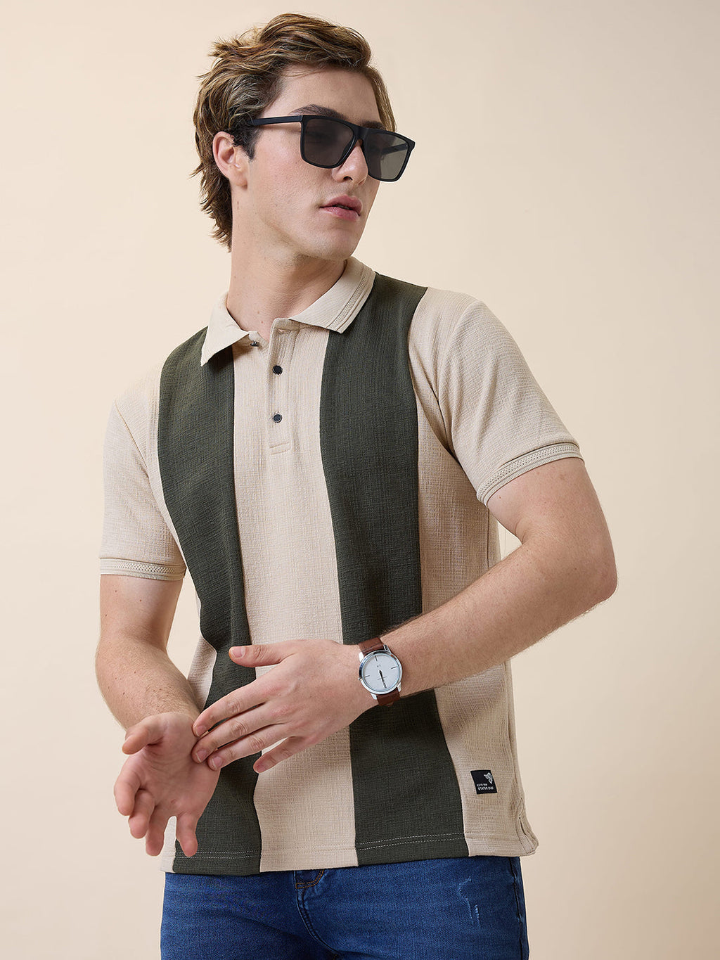 Status Quo Men's Self Design Polo Collar Half Sleeves Regular Fit T-shirt