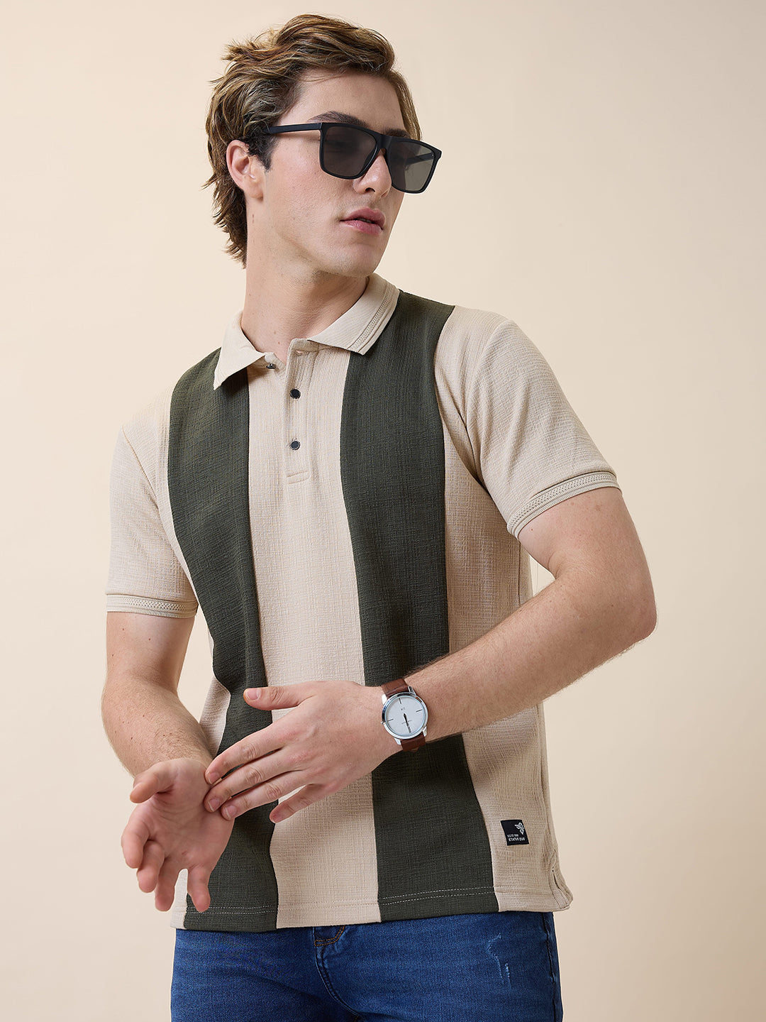 Status Quo Men's Self Design Polo Collar Half Sleeves Regular Fit T-shirt