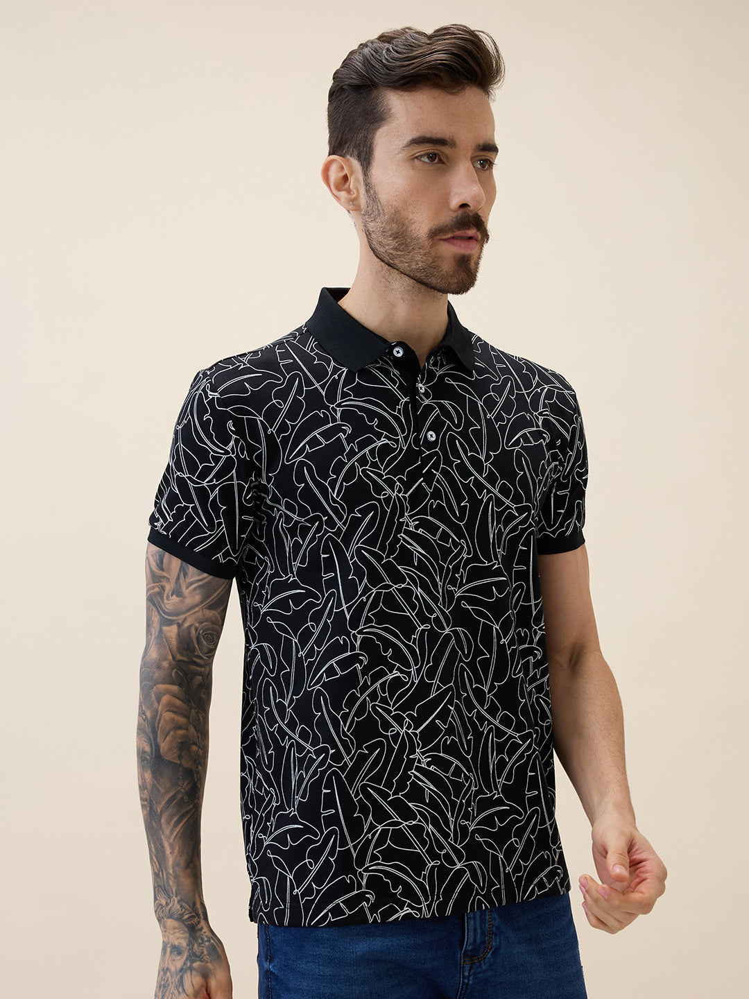 Mens Printed Polo Collar Half Sleeves Regular Fit Tshirt