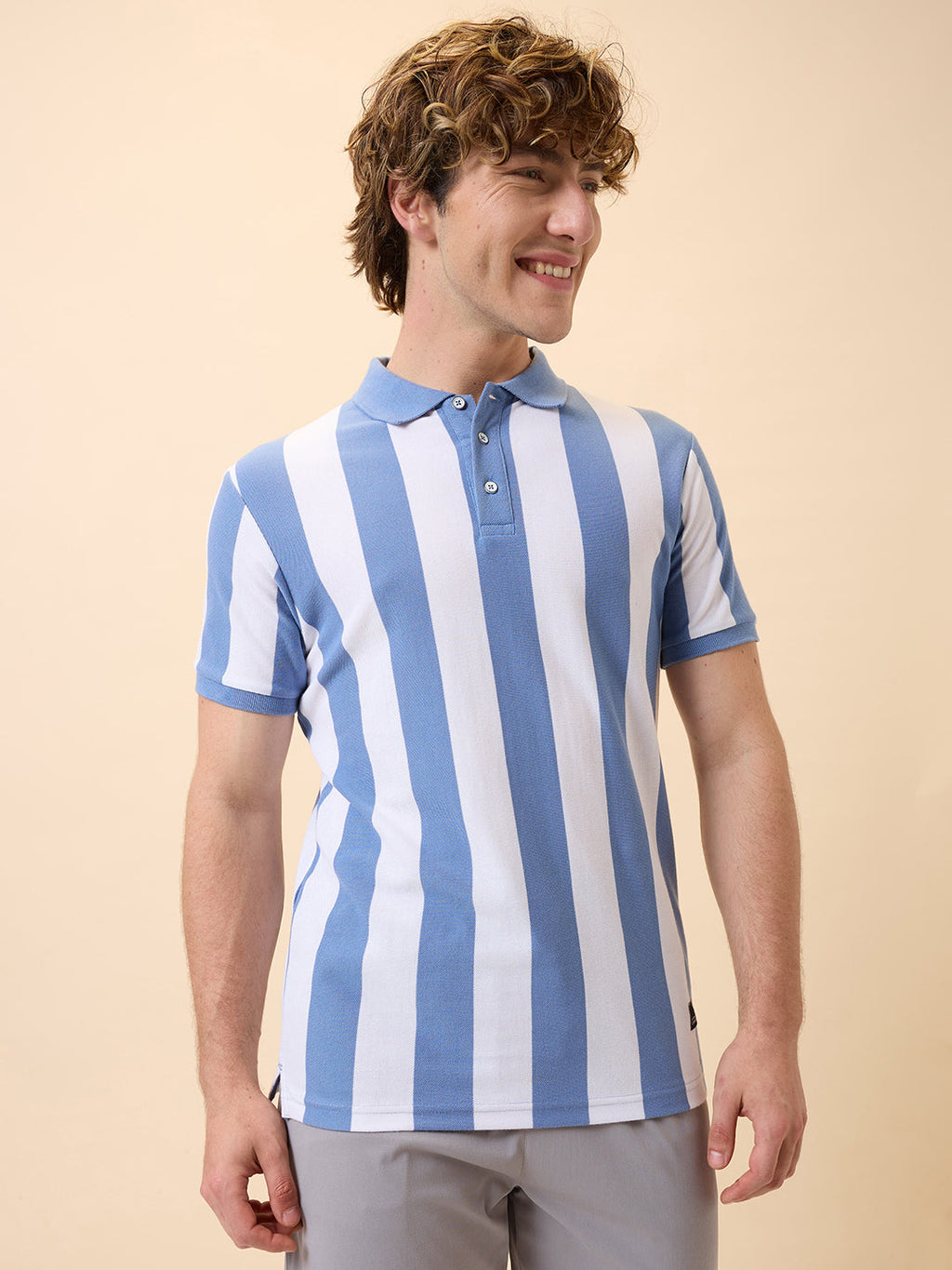 Men's All-Over Striped Polo Collar Half Sleeves Regular Fit T-Shirt