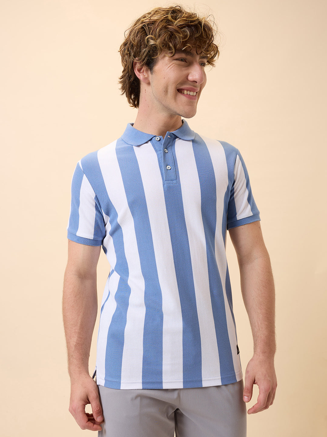 Men's All-Over Striped Polo Collar Half Sleeves Regular Fit T-Shirt