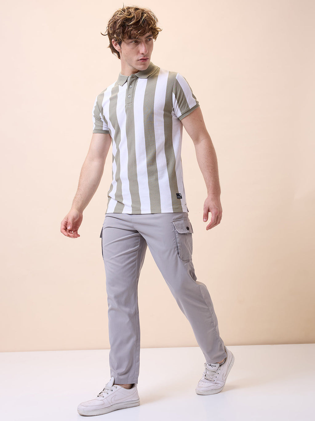 Mens All-Over Striped Polo Collar Half Sleeves Regular Fit T-Shirt