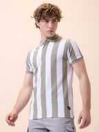 Mens All-Over Striped Polo Collar Half Sleeves Regular Fit T-Shirt