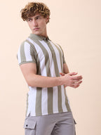 Mens All-Over Striped Polo Collar Half Sleeves Regular Fit T-Shirt