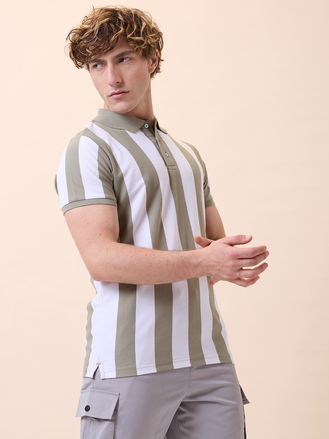 Mens All-Over Striped Polo Collar Half Sleeves Regular Fit T-Shirt