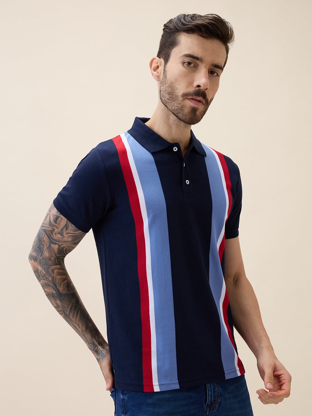 Men's Striped Polo Collar Half Sleeves Regular Fit Tshirt