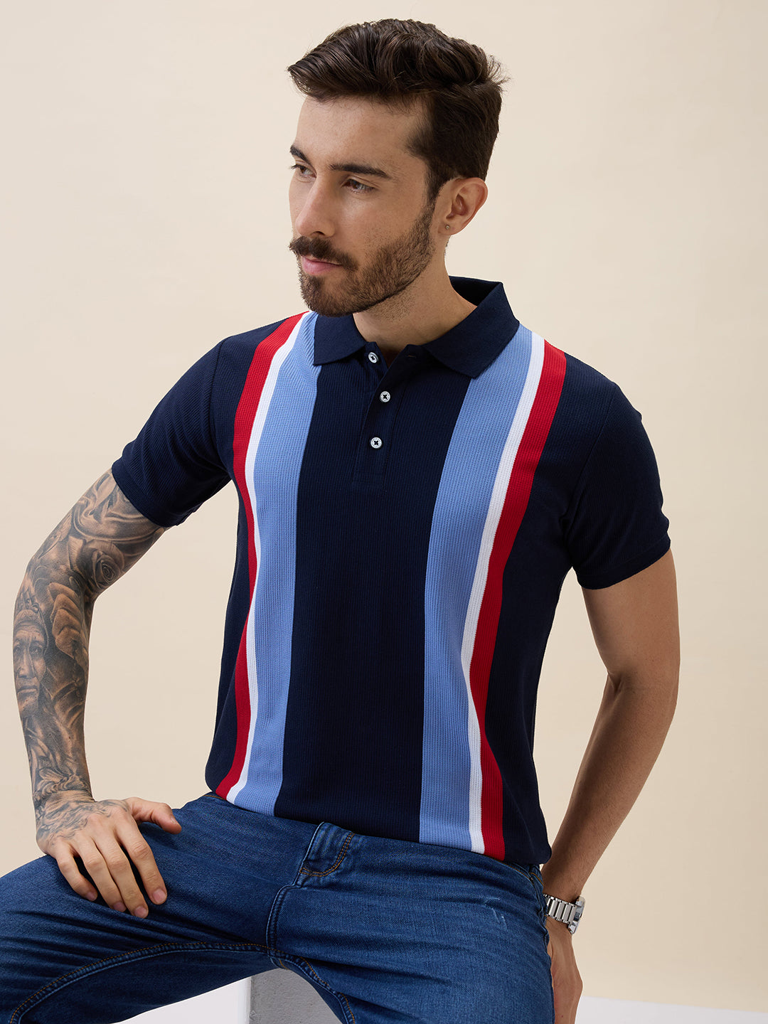 Men's Striped Polo Collar Half Sleeves Regular Fit Tshirt