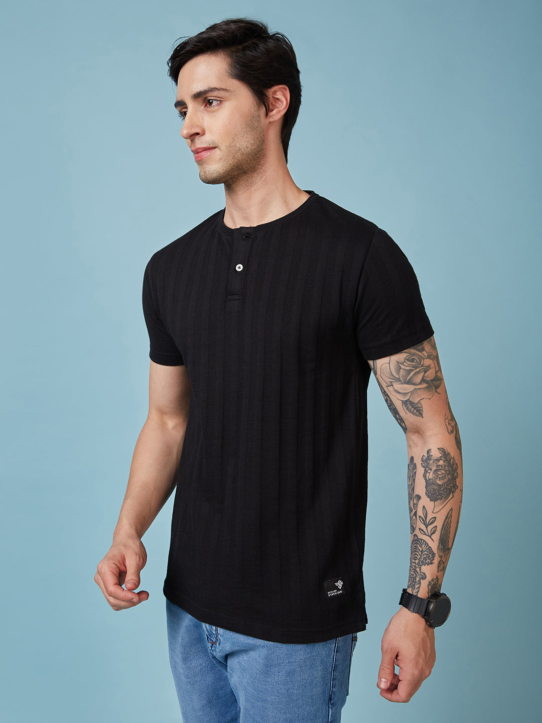 Men's Solid Henley Neck Half Sleeves T-shirt