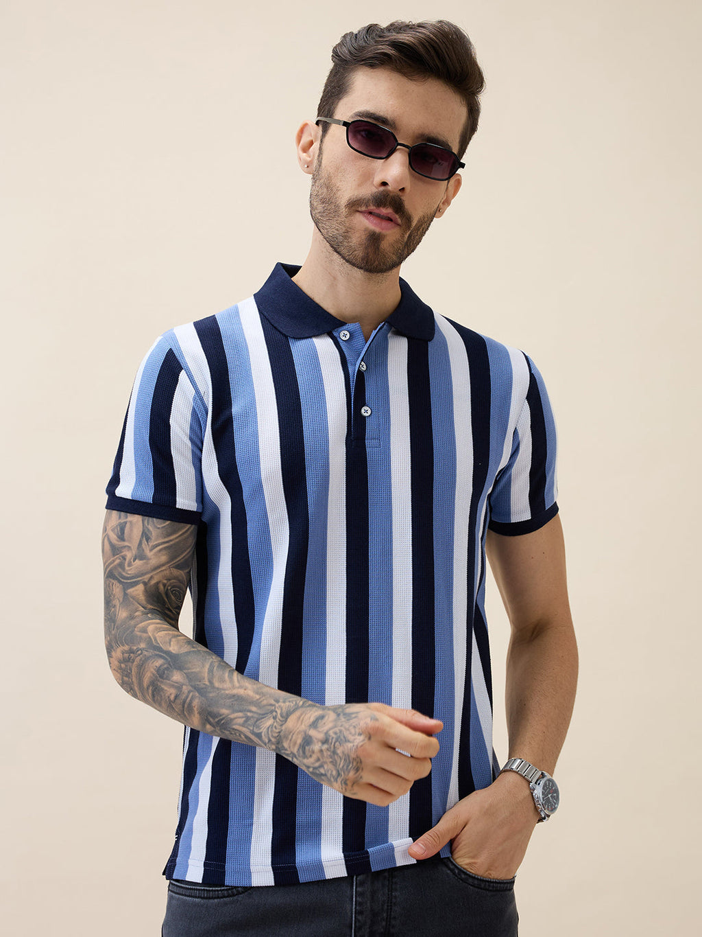 Men's Striped Polo Collar Half Sleeves Regular Fit Tshirt
