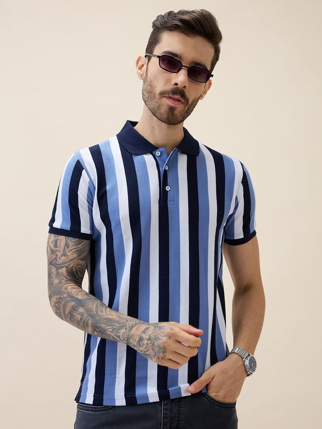 Men's Striped Polo Collar Half Sleeves Regular Fit Tshirt