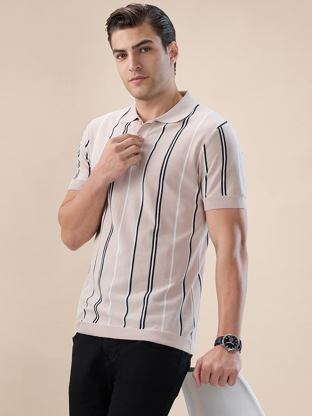 Beige Striped Polo