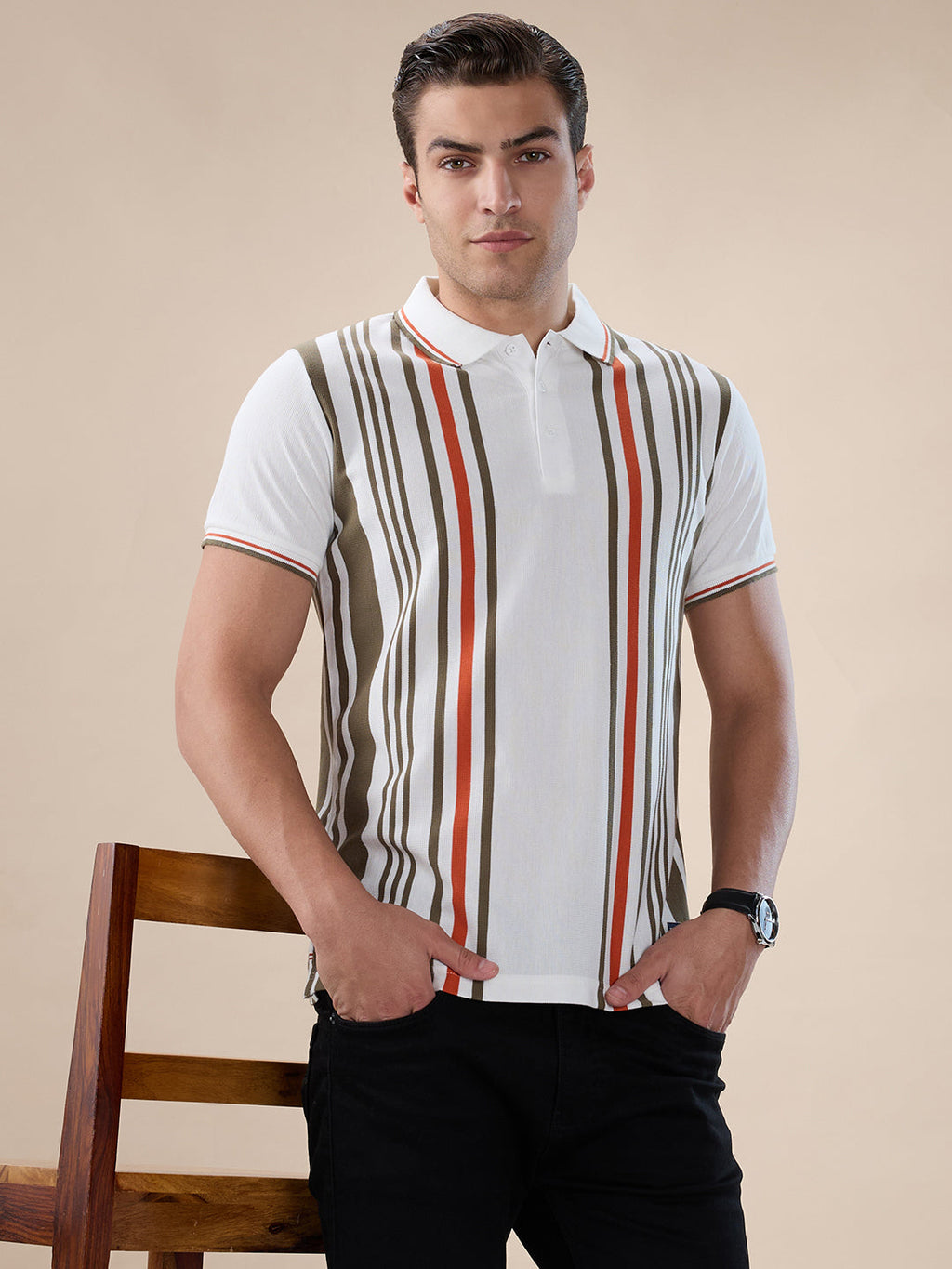 Off White Striped Polo