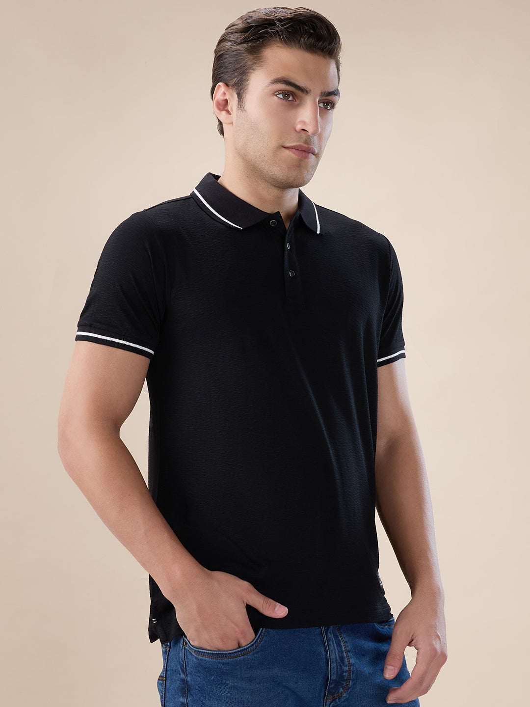 Black Textured Regular Polo