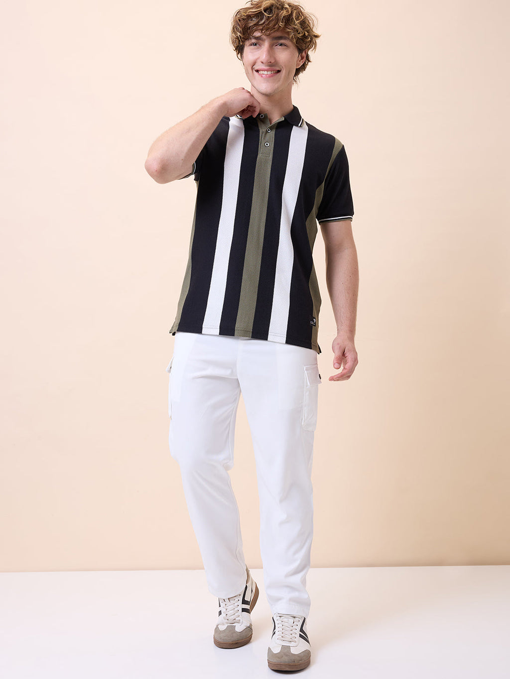 Mens All-Over Striped Polo Collar Half Sleeves Regular Fit T-Shirt