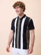 Mens All-Over Striped Polo Collar Half Sleeves Regular Fit T-Shirt