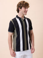 Mens All-Over Striped Polo Collar Half Sleeves Regular Fit T-Shirt