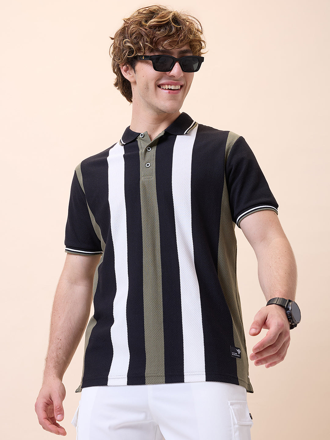 Mens All-Over Striped Polo Collar Half Sleeves Regular Fit T-Shirt