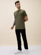 Mens Solid Henley Neck Half Sleeves Regular Fit Tshirt