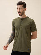 Mens Solid Henley Neck Half Sleeves Regular Fit Tshirt