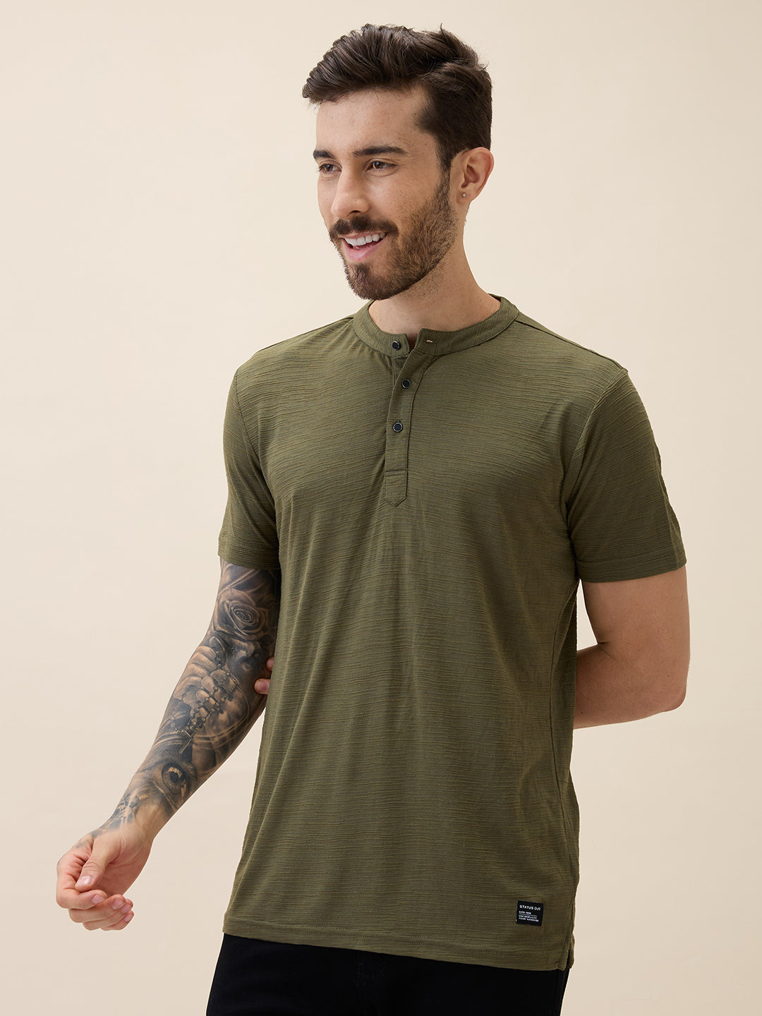 Mens Solid Henley Neck Half Sleeves Regular Fit Tshirt