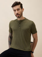 Mens Solid Henley Neck Half Sleeves Regular Fit Tshirt