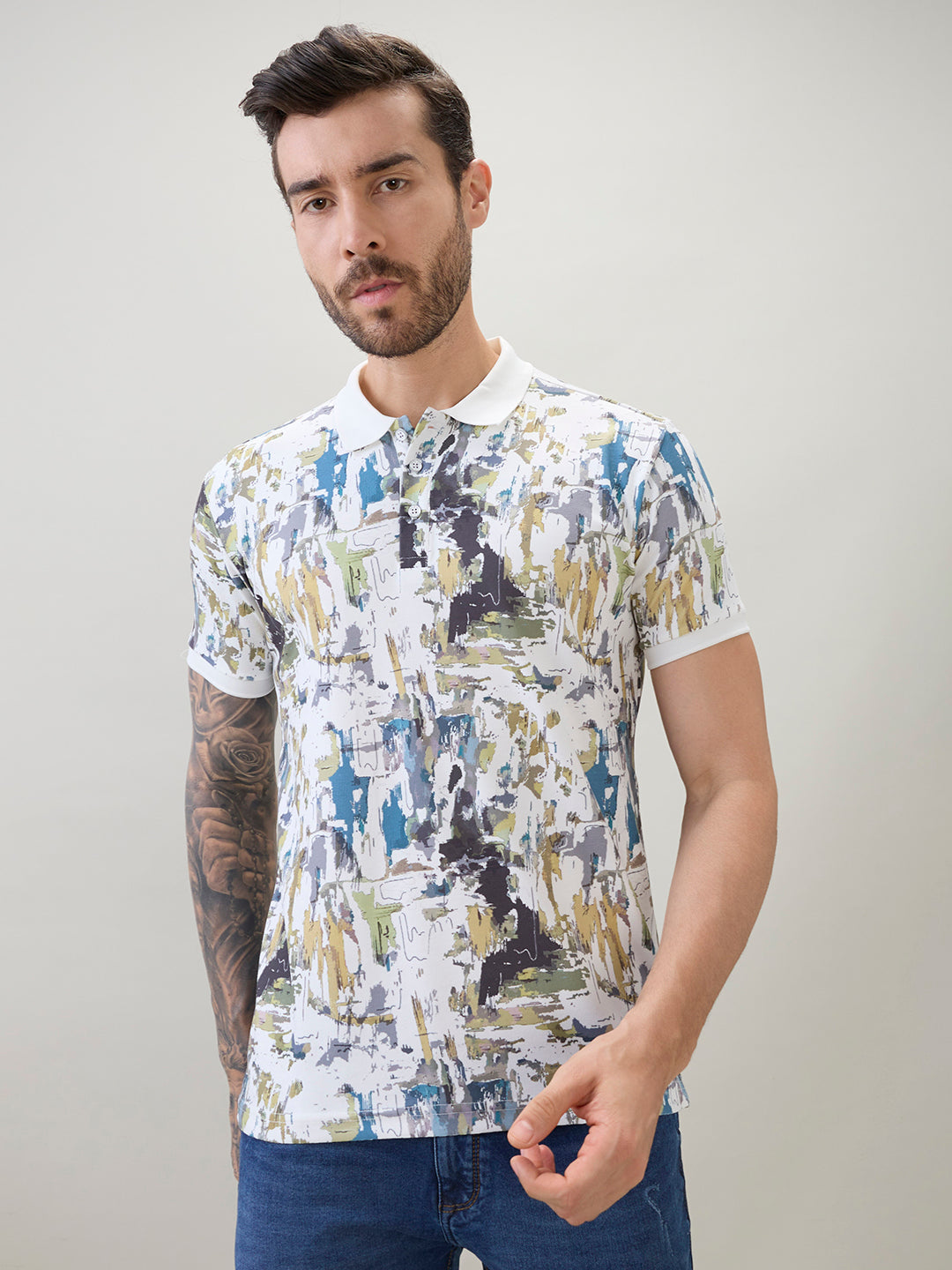 Men's All-Over Abstract Printed Regular Fit Half Sleeves Polo T-Shirt