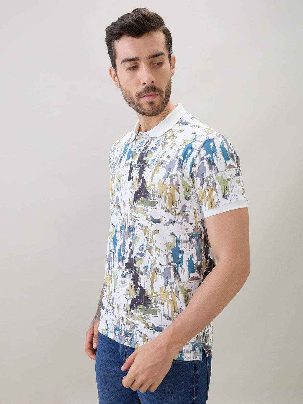 Mens All-Over Abstract Printed Regular Fit Half Sleeves Polo T-Shirt