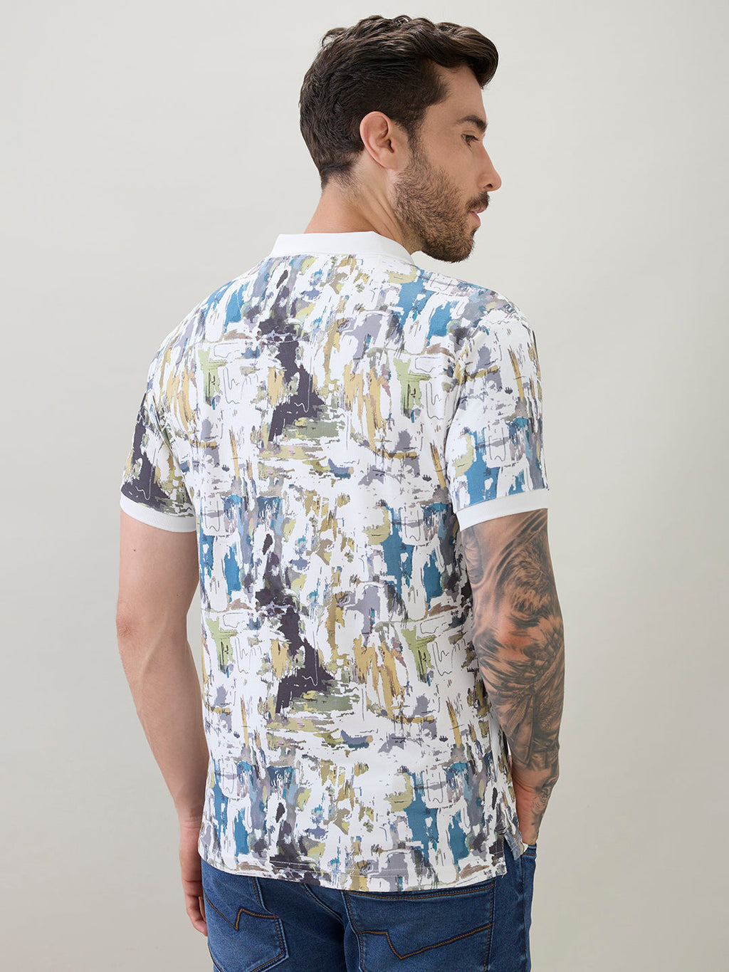 Mens All-Over Abstract Printed Regular Fit Half Sleeves Polo T-Shirt