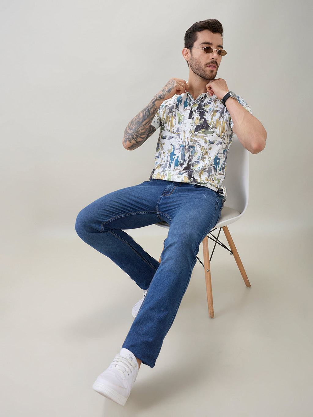 Mens All-Over Abstract Printed Regular Fit Half Sleeves Polo T-Shirt