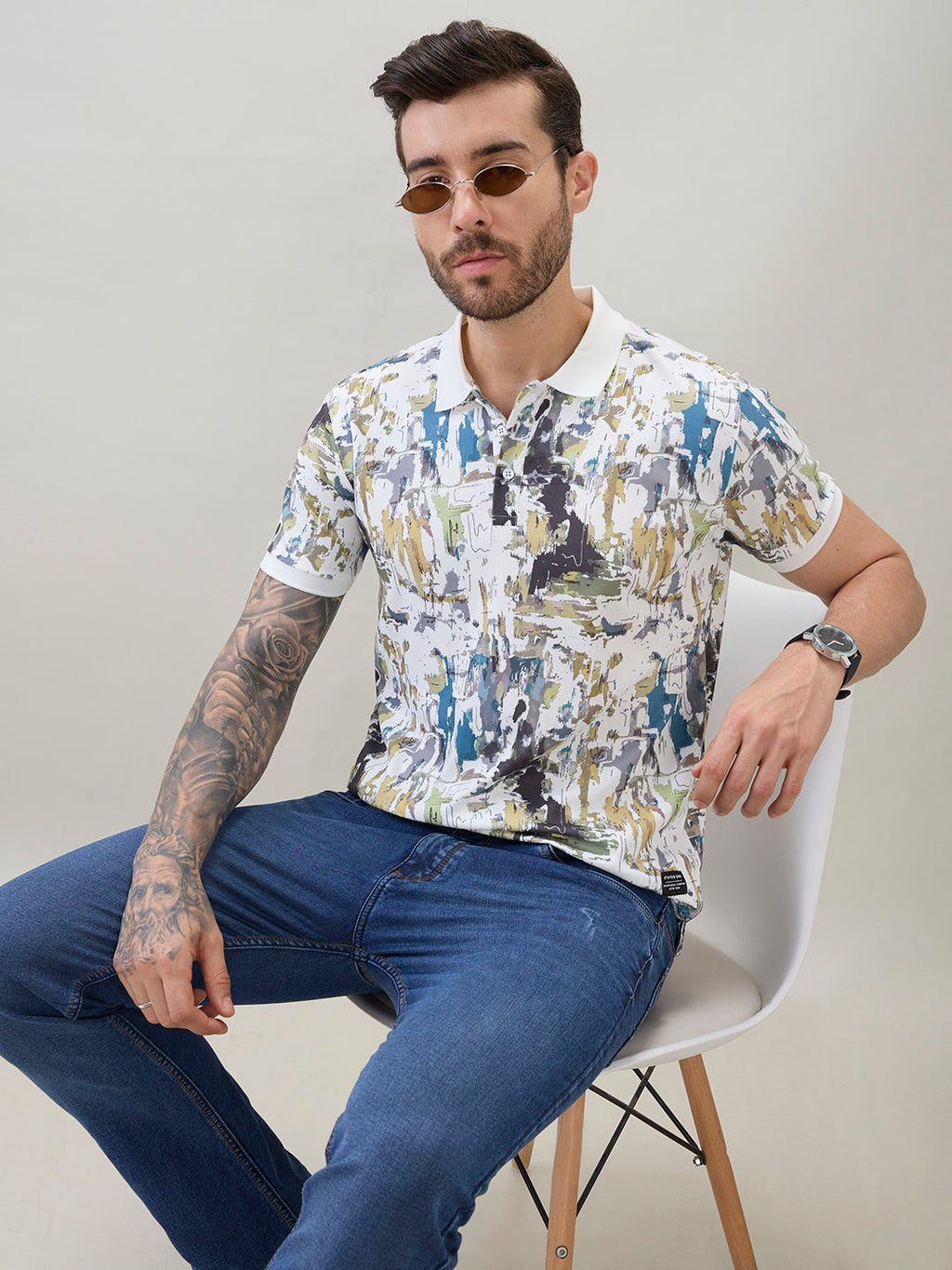 Mens All-Over Abstract Printed Regular Fit Half Sleeves Polo T-Shirt