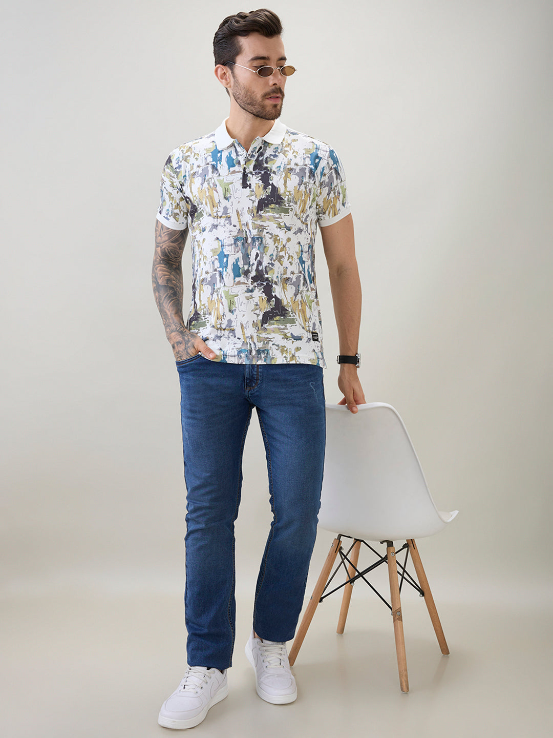 Mens All-Over Abstract Printed Regular Fit Half Sleeves Polo T-Shirt
