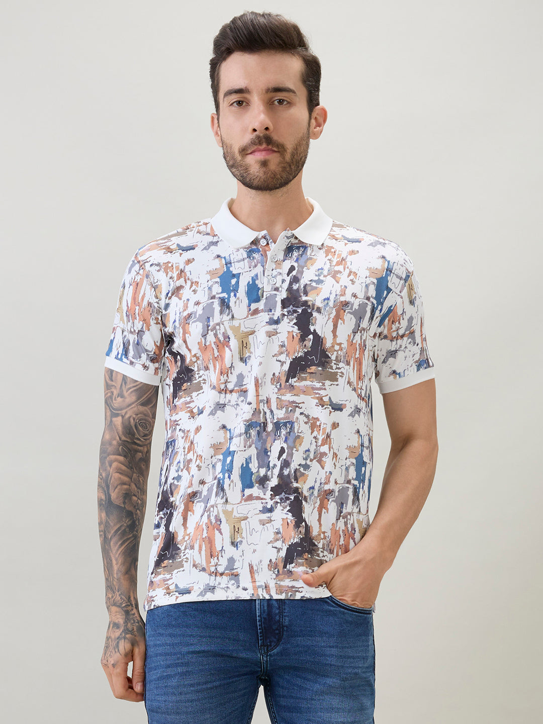 Men's All-Over Abstract Printed Regular Fit Half Sleeves Polo T-Shirt