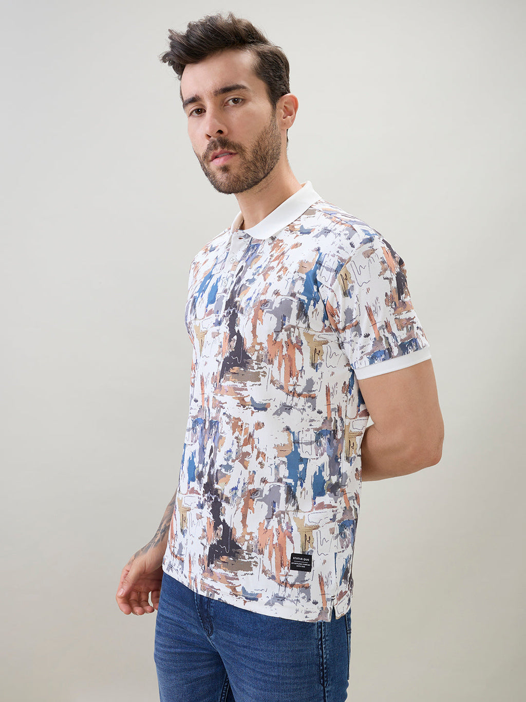 Men's All-Over Abstract Printed Regular Fit Half Sleeves Polo T-Shirt