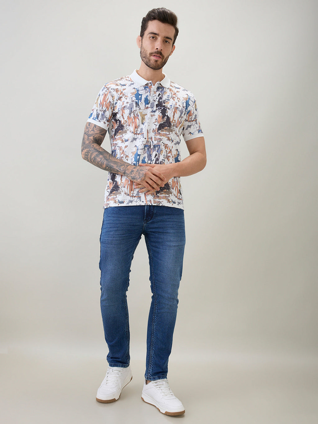 Men's All-Over Abstract Printed Regular Fit Half Sleeves Polo T-Shirt