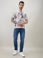 Men's All-Over Abstract Printed Regular Fit Half Sleeves Polo T-Shirt