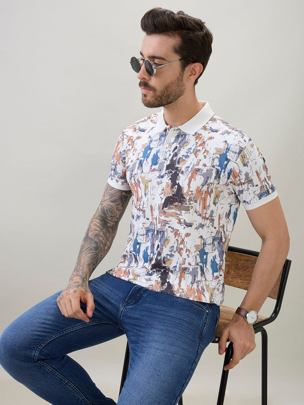 Men's All-Over Abstract Printed Regular Fit Half Sleeves Polo T-Shirt