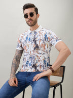 Men's All-Over Abstract Printed Regular Fit Half Sleeves Polo T-Shirt