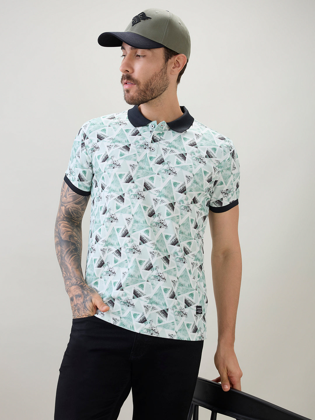 Men's All-Over Geometric Printed Regular Fit Half Sleeves Polo T-Shirt