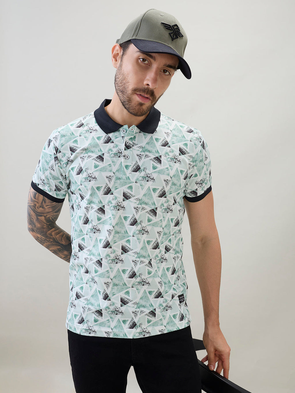 Men's All-Over Geometric Printed Regular Fit Half Sleeves Polo T-Shirt