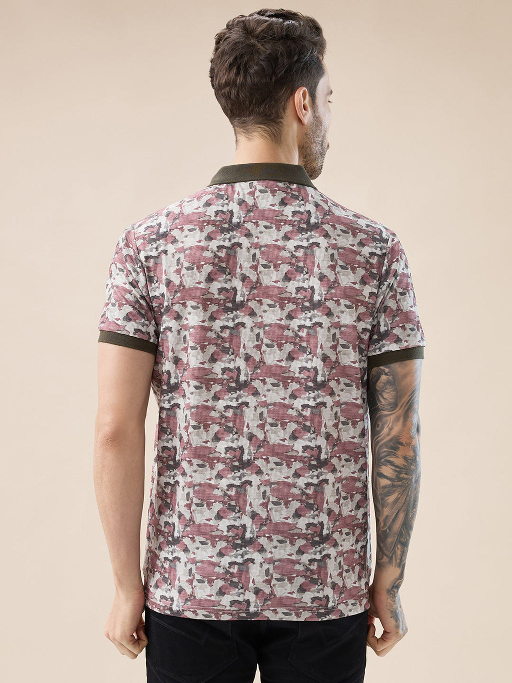 Mens Abstract Half Sleeves Regular Fit T-shirt with contrast Polo Collar