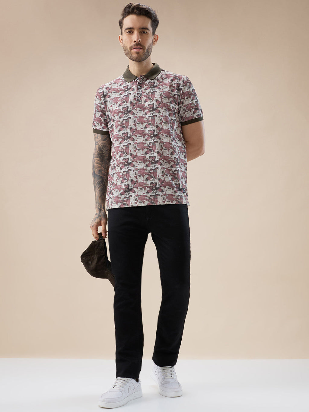 Mens Abstract Half Sleeves Regular Fit T-shirt with contrast Polo Collar