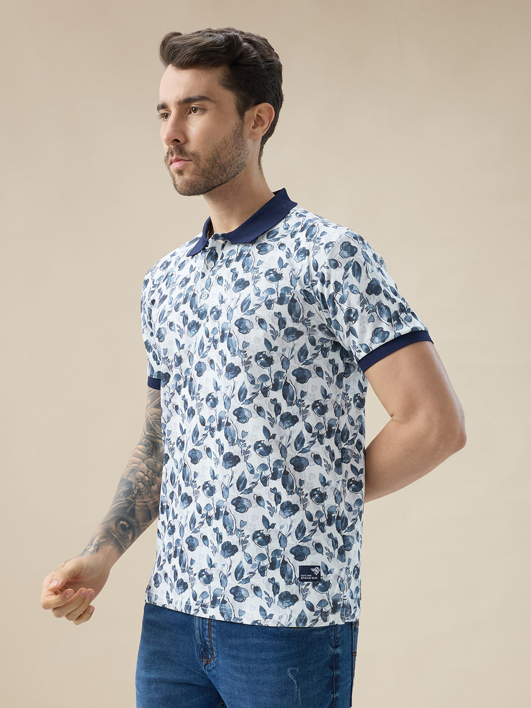 Men's All-Over Floral Print Half Sleeves Regular Fit Polo T-shirt