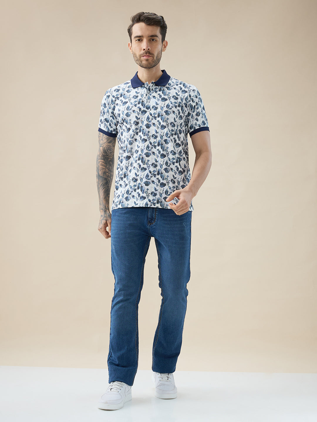 Men's All-Over Floral Print Half Sleeves Regular Fit Polo T-shirt
