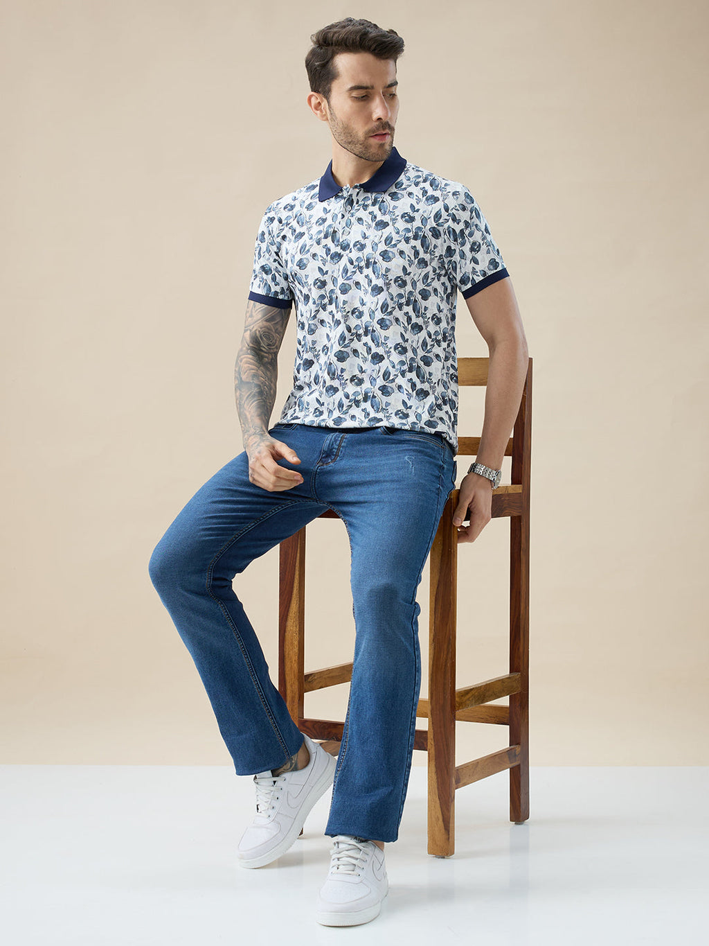 Men's All-Over Floral Print Half Sleeves Regular Fit Polo T-shirt
