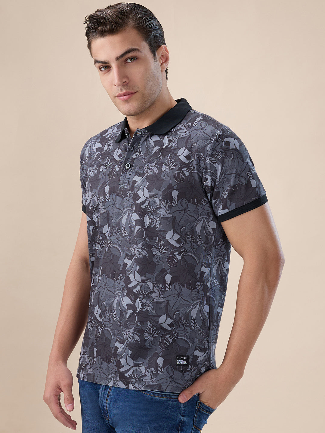 Black Floral Printed Polo Main image
