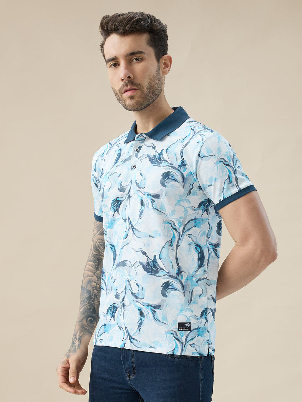 Mens All-Over Tropical Print Half Sleeves Regular Fit Polo T-shirt